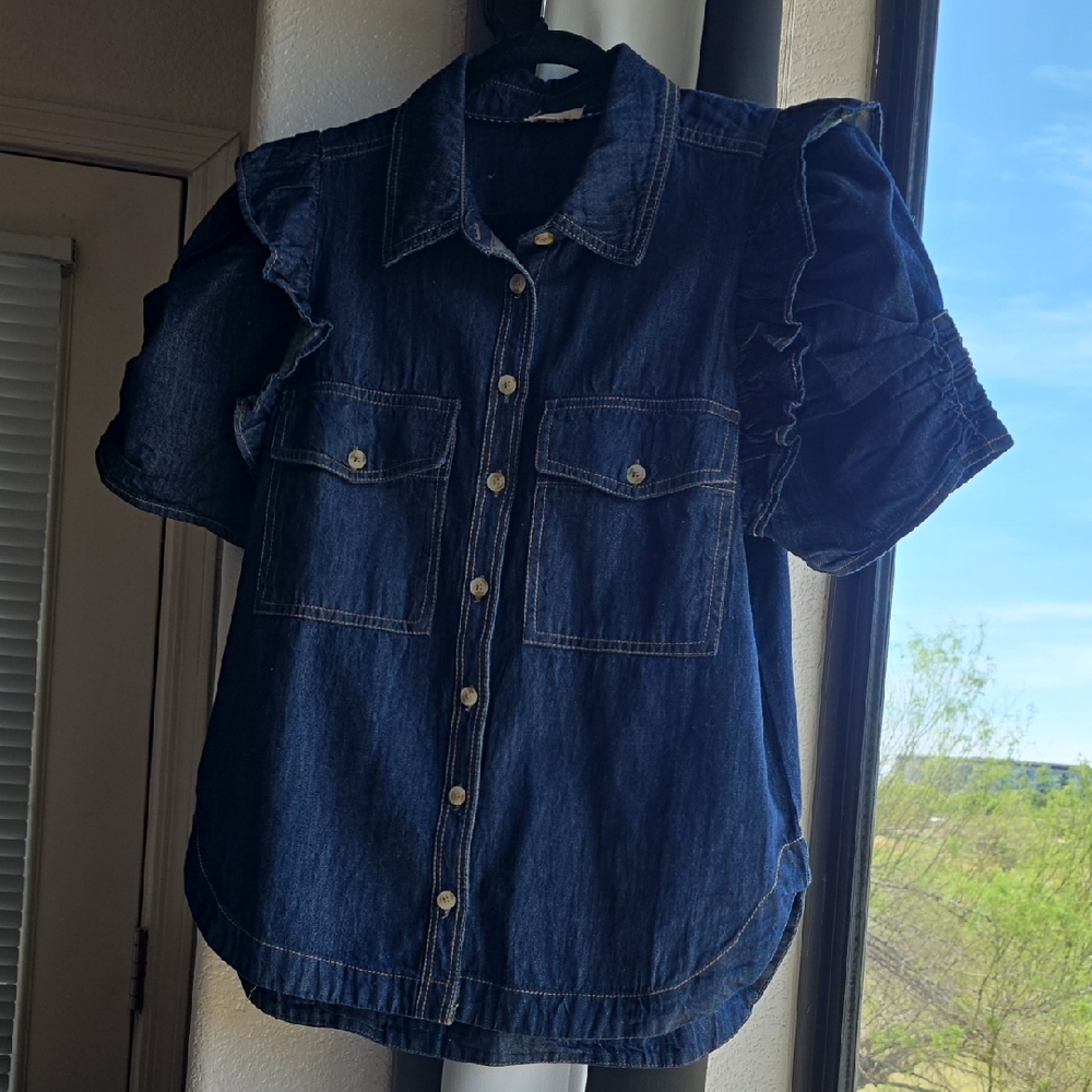 The Ozzi Ruffle-Sleeve Buttondown Shirt by Pilcro Size Small Relaxed - Picture 2 of 13
